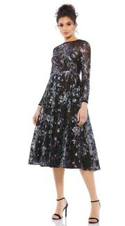 Mac Duggal Embellished Illusion‎ Long Sleeve Midi Dress Floral- NWT