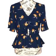 Nine Britton SMALL Floral Front Scrunch Tie Keyhole Stomach Flair Hip Blouse