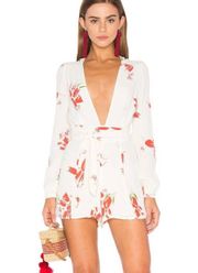 White Floral Print Long Sleeve Deep V-Neck Romper - Small