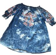 Monoreno Tie Dye Denim Look Embroidered Off Shoulder Top Size Small