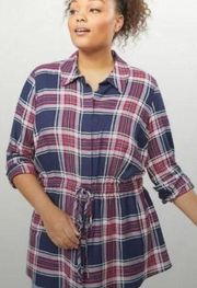 Lane Bryant Plaid Flannel Tie Waist Relaxed Button Front Tunic Top Size 26 / 28