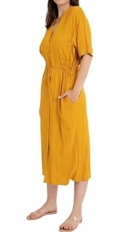 Rokoko Button Front Tie Waist Short Sleeve Midi Dress Pocket Mustard Yellow Sz M