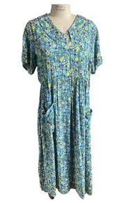 Vintage Notations 90s Short Sleeve Babydoll Blue Floral Midi Dress Size Large