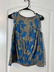 Tibi Gray Blue Floral Silk Pleated Drape Cap Ruffled Sleeves Blouse, Size 4