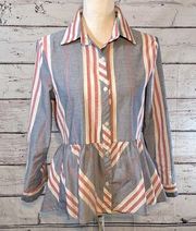 LOVE NOTES Button Down Peplum Shirt Chambray Blue Stripe-Medium