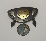 Signed Far Fetched Mexico - Multi Color Metal Moon And Stars Brooch Pin