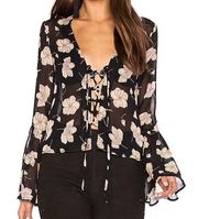 Flynn Skye Boston Lace Up Bell Sleeve Blouse Top Sheer Onyx Black Floral Size XS