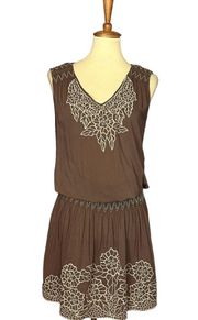 Monoreno Blouson Embroidered Mini Dress Sleeveless Cottagecore Earthy Brown NEW