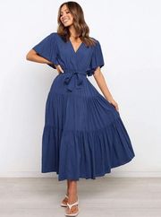 Boutique Navy Blue V-neck Flutter Sleeve Midi Dress