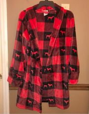 Victoria’s Secret Pink Plaid Dog Print Plush Fuzzy Robe Red Black XS/S