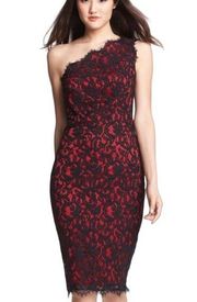 Tadashi Shoji Cocktail Dress Size 4 One Shoulder Knee Length Red Black Lace