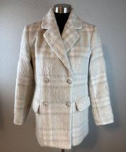 Something Navy Womens Double Breasted Jacket Coat XS Ivory Plaid Wool Blend