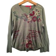 Gloria Vanderbilt Women Top Sz 1X Army Green Jersey Knit Velvet Trim Boho Floral