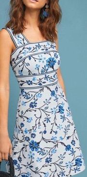 Anthropologie Shannon White And Blue Floral Skater Mini Dress