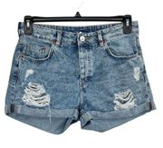 Divided By H&M SZ 8 Cuffed Jean Shorts Distressed Rips Frayed Hems Button-Fly