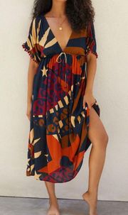 V-Neck Printed Kaftan Dress, Size S