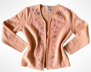 Vintage Pink Drapers & Damons Wool Sweater Cardigan Floral Embroiderd Details