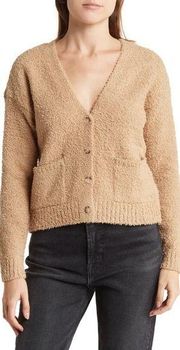 Teddy Yarn Button-Up Cardigan, Tan, Size Medium