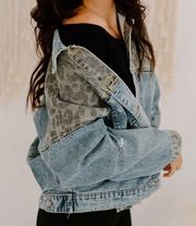 12th Tribe Blue Denim Patchwork Animal Print Oversized Denim Jean Jacket Sz S/M