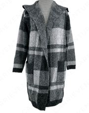 Duster Long Cozy Cardigan Plaid Grey Black White Sweater Overcoat S