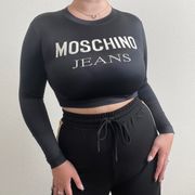 JEANS Vintage 90s Black White Edgy Fitted Long Sleeve Graphic Crop Top