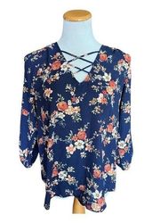 Womens Sweet Rain Floral Criss Cross Flowy Top Blouse - Sz M