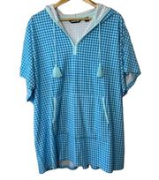 Lands End Blue Check Hooded Swim Cover-Up Tassel Strings Pouch Pocket LP-XLP