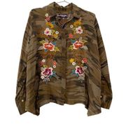 Johnny Was Workshop Esmeralda Camo Floral Embroidered Silk Button Front