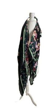 Black Green Pink Floral Silk Fashion Scarf Rectangle Sheer