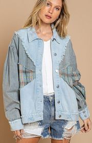 POL Clothing Women's Baby Blue Raw Hem Mixed Fabric Jean Jacket MEDIUM