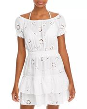 Swim Women’s Beach Coverup Tiered Peasant Dress Cotton Eyelet Ivory S NWT