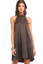 Storee Sleeveless Halter Neck Open Back Brown Satin Mini Dress NEW