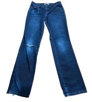 Chicos Womens Platinum Jeans Dark wash distressed slight fading on pocket Sz 1/M