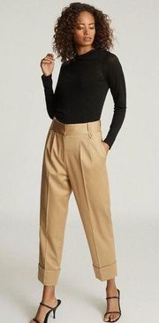 REISS • Mae Wool Blend Pleat Front Trousers tailored turn up cuffed Gold tapered