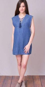 Knot Sisters Thalia Chambray Dress with Lace Front Detail & Pockets