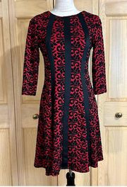 Dressbarn Red Black Floral Design Elbow Length Sleeves Fit & Flare Dress Sz 4