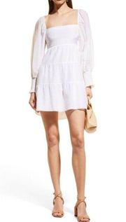 Alice + Olivia White Silk Cotton Rowen Tiered Long Sleeve Babydoll Mini Dress L