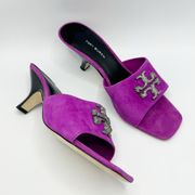 TORY BURCH Eleanor Pave Double T Logo Mule Sandals Size 8.5 Fuchsia