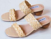 Steve Madden  Raffia Sandals Wood Heel Size 6.5 Double Strap Woven Heels NEW