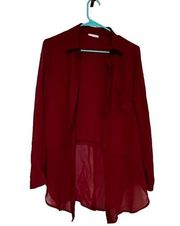 Pleione Women's Sheer Maroon Button-Up Long Sleeve Split Side  Shirt