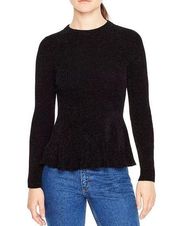 SANDRO Olympe Ribbed Sweater Black Peplum Hem Size 0 XS Chenille