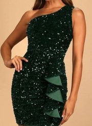 endless luxe dark green sequin velvet one shoulder mini dress size L