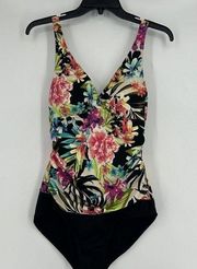 Vintage Jantzen One Piece Swimsuit Floral Black Ruched Tropical Size 8