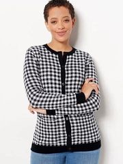 Isaac Mizrahi Live Black Gingham Checked Plaid Cardigan Sweater Medium