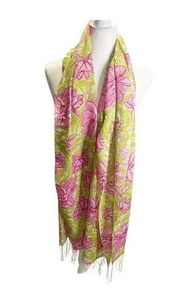 Lilly Pulitzer Silk Cashmere Green and Pink Floral Scarf with Fringe