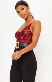 NWT PRETTY LITTLE THING LUCILLE BURGUNDY SHEER CROSSBACK LACE BODY SUIT