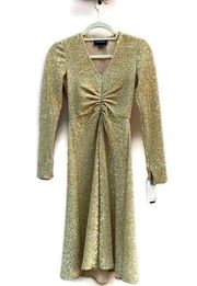 Gold Sequin Metallic Knit Ruched Dress NWT