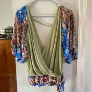 Blu- Pepper Size Medium Boho Blouse Deep Vneck and Tie Wasit