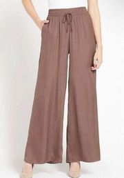 Evereve Ariella Wide Leg Pull-On Satin Pants Womens Size M Brown Silky Pockets