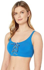 Solid Rib Lace-Up Bikini Top in Vintage Blue